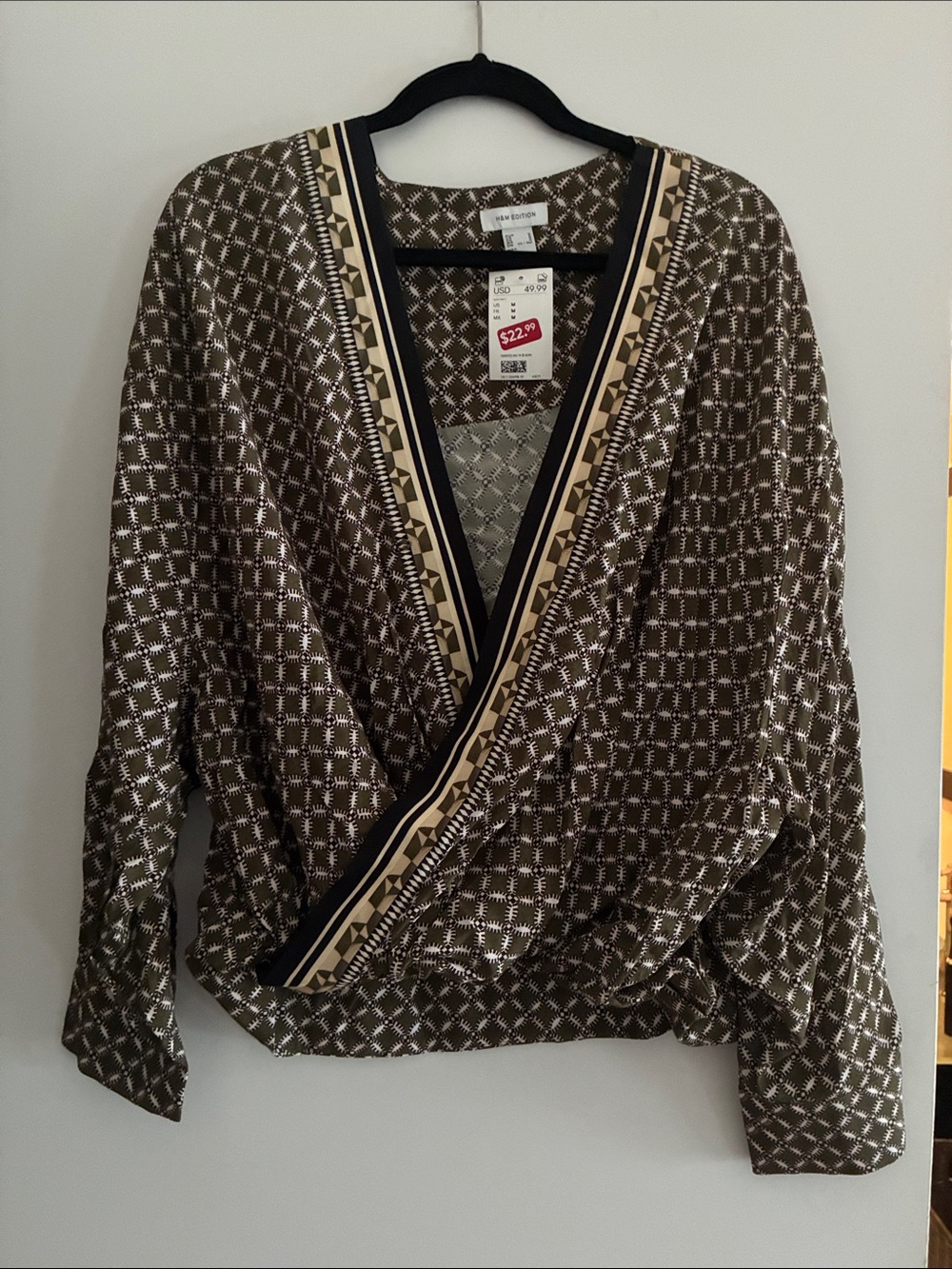 H&M Brown Cream Black Geometric Wrap Blouse